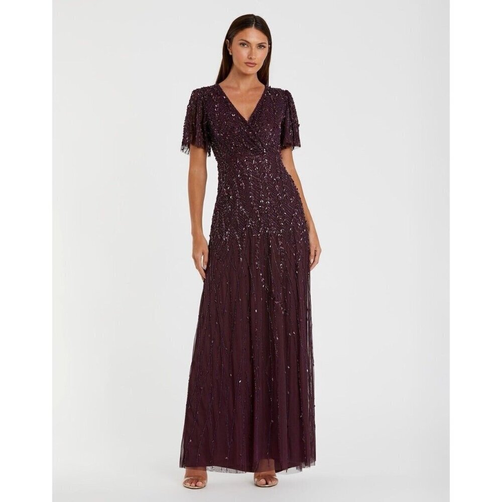 Mac Duggal Size 16 Purple 35109 Flutter Sleeve Sequin Beaded Formal Gown Dress